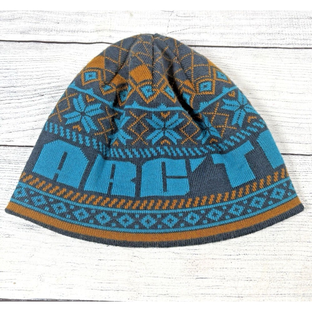 Arc'teryx Beanie Hat One Size Knit Spellout Toque Acrylic Wool Blue Gold Nordic